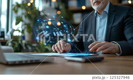 A business executive closely examining AI-powered data analytics and logistics optimization on a digital dashboard, making strategic decisions for their organization's growth and efficiency. 125327946