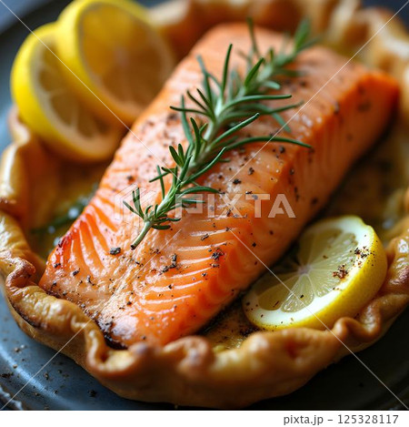 Festive Salmon en Croute, Garnished with Rosemary and Fresh Lemon 125328117