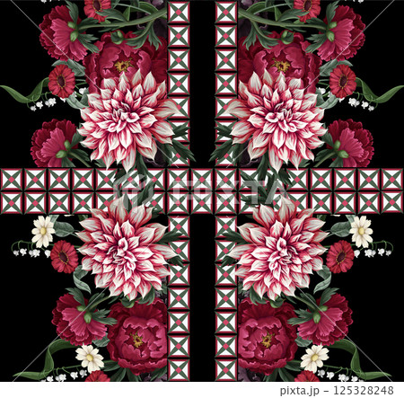 Seamless pattern with dahlia, peonies, wild flowers and geometrical elements. Vector. 125328248