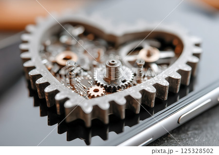 テクノロジーの心臓部：ハート型チップと回路基板、愛を象徴する電子部品 125328502