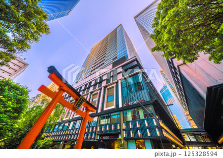 日本の東京都市景観 日本橋室町・ビルの谷間の福徳神社などを望む。右奥に再開発のビル… 125328594