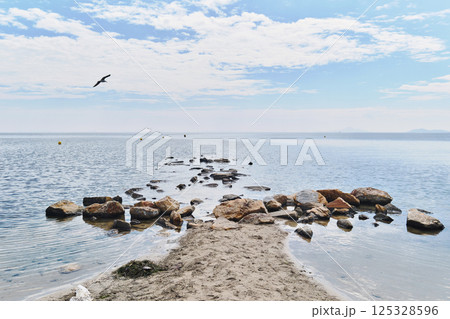 Serene coastal scene with calm waters Serene coastal scene with calm waters 125328596