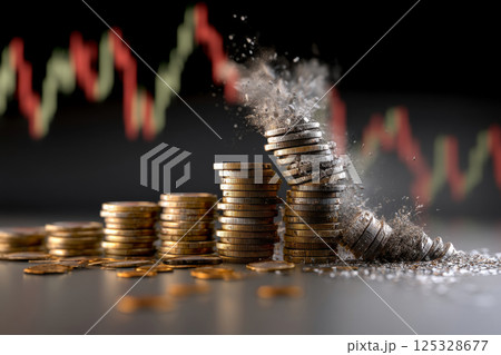 Falling stack of coins with red stock chart in background. Economic crash concept 125328677