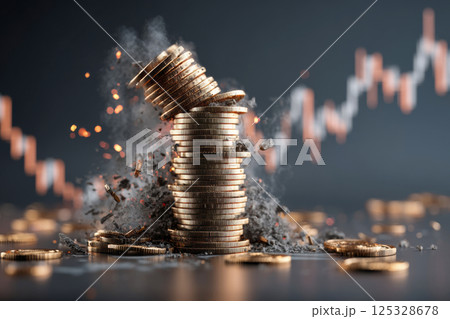 Falling stack of coins with red stock chart in background. Economic crash concept 125328678