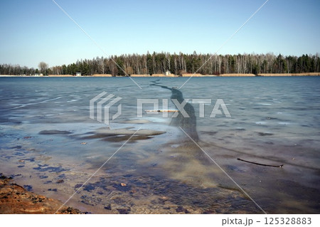 spring lake with cracked ice and partly frozen water in the forest. Sunny day with blue sky. season change, danger spring lake with cracked ice and partly frozen water in the forest. Sunny day with blue sky. season change, danger 125328883