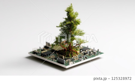 Small Tree Growing on a Circuit Board Representing Eco-Friendly Technology 125328972