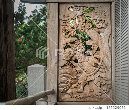 Artisan Woodwork on Panel of Shrine in Shizuoka Japan 125329081