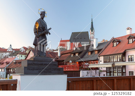Statue of St John of Nepomuk in Cesky Krumlov Czech Republic 125329182