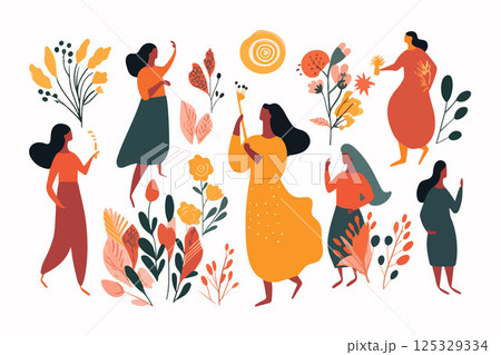 Vector isolated illustration of set of women with flowers on white background. International Women's Day. 125329334