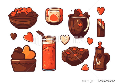 Vector isolated illustration of a set of chocolate products on a white background. Chocolate Day. 125329342