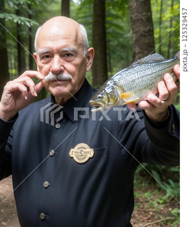 手に魚を持つシニア男性 125329457