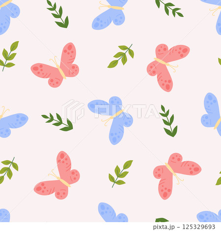 Seamless pattern with childish blue red butterfly on pink background. Cute vector illustration with floral plants elements for design fabric and textiles. 125329693