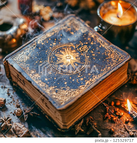 Open book with magic light and glowing letters flying out of it on wooden table against black background 125329717