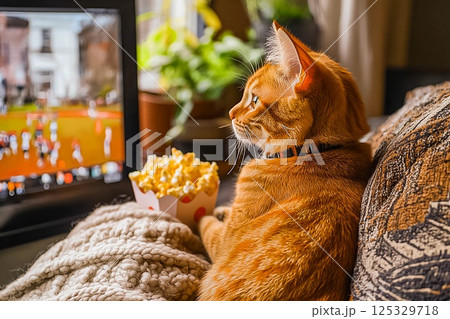 Cat enjoys movie time on the couch with popcorn and a cozy blanket in a bright living room 125329718