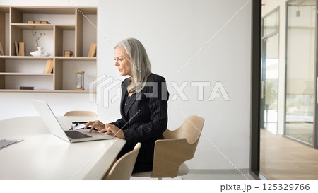 Busy senior female manager work on notebook at conference room Busy senior female manager work on notebook at conference room 125329766