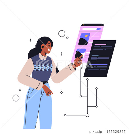 Vector woman use mobile application and interact with app big touchscreen. Cartoon clipart with female tapping on digital frame. Flat character with modern interface interaction. Smartphone technology Vector woman use mobile application and interact with app big touchscreen. Cartoon clipart with female tapping on digital frame. Flat character with modern interface interaction. Smartphone technology 125329825