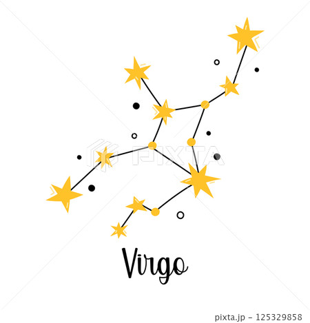 Virgo Zodiac constellation. Vector isolated astrological sign, symbol, element. Constellation scheme with cute stars and doodles. Simple design of clipart illustrations 125329858