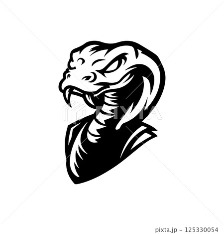 Illustration of head of poisonous snake in engraving style. Design element for logo, label, emblem, sign, badge. Vector illustration 125330054
