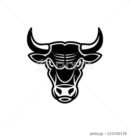 Bull head in engraving style. Design element for logo, label, emblem, sign, poster. Vector image 125330176