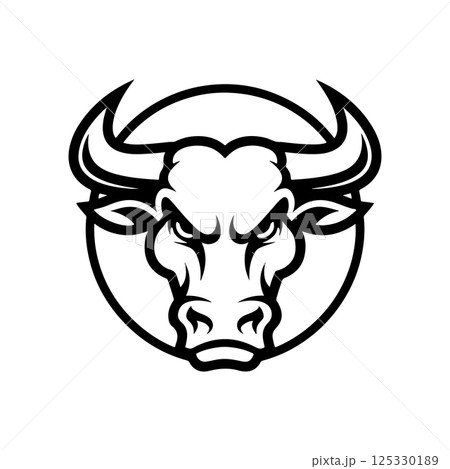 Bull head in engraving style. Design element for logo, label, emblem, sign, poster. Vector image 125330189