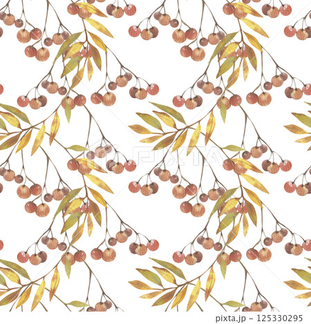 Colorful autumn seamless pattern with red berries and colorful leaves. Hand drawn floral background, seasonal repeated clipart for wallpaper, textile, home decor Colorful autumn seamless pattern with red berries and colorful leaves. Hand drawn floral background, seasonal repeated clipart for wallpaper, textile, home decor 125330295