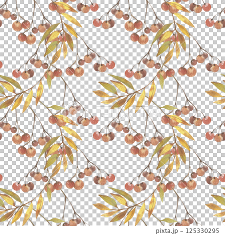Colorful autumn seamless pattern with red berries and colorful leaves. Hand drawn floral background, seasonal repeated clipart for wallpaper, textile, home decor Colorful autumn seamless pattern with red berries and colorful leaves. Hand drawn floral background, seasonal repeated clipart for wallpaper, textile, home decor 125330295
