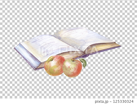 Watercolor composition with an open book and a pair of red apples lying next to it. Each element is hand-drawn. Isolated. 125330324