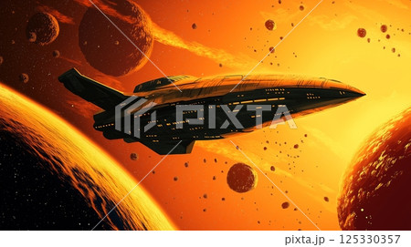 Spaceship glides near a bright orange star surrounded by planets in space Spaceship glides near a bright orange star surrounded by planets in space 125330357