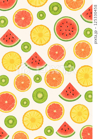 水彩フルーツスライス シームレスパターン背景、夏のフレッシュフルーツ カラフルパターン 水彩フルーツスライス シームレスパターン背景、夏のフレッシュフルーツ カラフルパターン 125330458