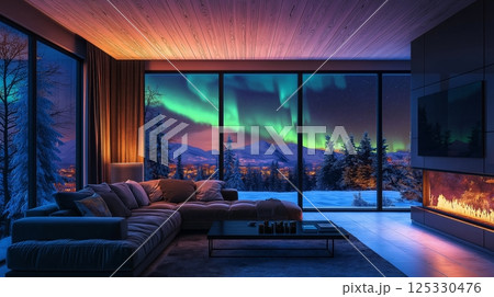 Cozy living room with large windows showcasing vibrant northern lights at dusk near a snowy forest 125330476