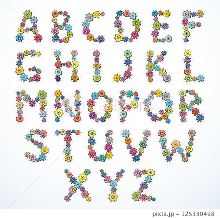 Vector alphabet of cheerful caricature hand-drawn characters consisting of spinning gears 125330498