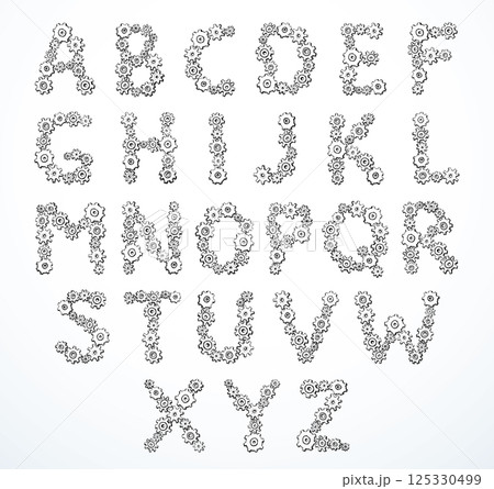Vector alphabet of cheerful caricature hand-drawn characters consisting of spinning gears Vector alphabet of cheerful caricature hand-drawn characters consisting of spinning gears 125330499