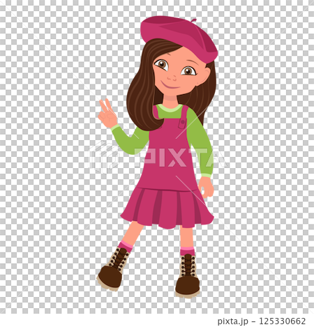 Flat  Illustration of Kid Girl in Red Dress and Beret. Item 5 125330662