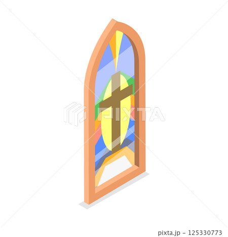 3D Isometric Flat  Set of Church Stained Arched Windows. Item 1 125330773