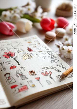 ひらめきを記録するアートとデザイン、アイデア出しのスケッチとメモ 125331059