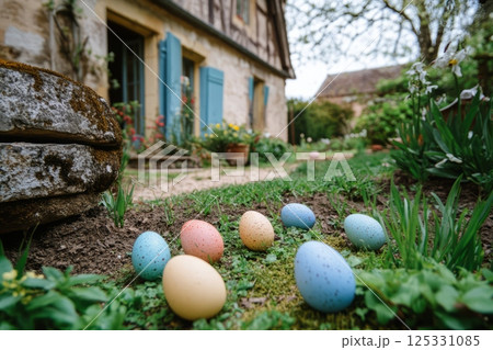 A spring garden with eggs for children for Easter 125331085