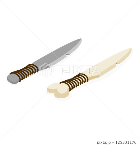 3D Isometric Flat Vector Set of Primal Stone Age Tools, Prehistoric Weapons. Item 2 125331176