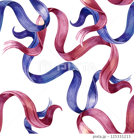 Seamless pattern of curled holiday ribbons. Watercolor illustration is hand drawn and isolated from the background. Simple pattern with stripes. Seamless pattern of curled holiday ribbons. Watercolor illustration is hand drawn and isolated from the background. Simple pattern with stripes. 125331213