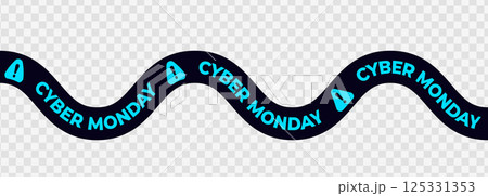 Cyber Monday Sale Snake Banner With Curved Black And Blue Warning Tape On Transparent Background. Perfect For Online Shopping Promotion, Discount Advertising, E-Commerce Design. Vector Illustration. 125331353