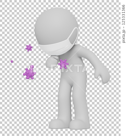 戴著口罩咳嗽的人和病毒擴散的 3DCG - 透明背景 戴著口罩咳嗽的人和病毒擴散的 3DCG - 透明背景 125331366