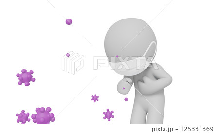 マスクを付けて咳き込む人物のピクトグラムと飛散するウイルスの3DCG - 透過背景 125331369