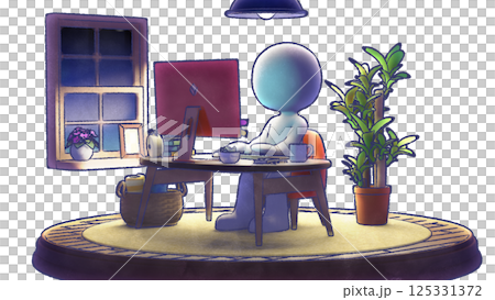 夜の自宅でデスクワークをする水彩画調のピクトグラムの3DCG - 透過背景 夜の自宅でデスクワークをする水彩画調のピクトグラムの3DCG - 透過背景 125331372