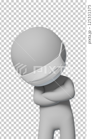 腕を組んで悩むマスクを付けた人物のピクトグラムの3DCG - 透過背景 125331375