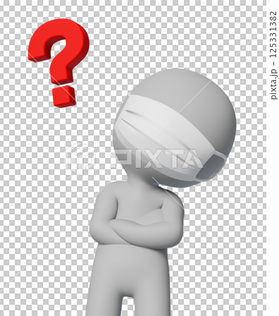 首をかしげるマスクを付けた人物とクエスチョンマークのピクトグラムの3DCG - 透過背景 125331382