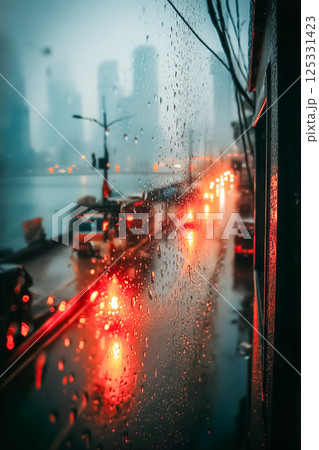 雨粒と街の光 窓越しの背景、濡れたガラスと光の抽象テクスチャ 125331423
