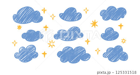 Doodle kid chalk crayon cloud designs - clumsy asymmetric starry night sky cartoon cliparts. Childish fanciful diy party decoration cutouts. Clip art innocent wobbly celestial silhouettes. 125331518