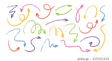 Pastel chalk arrow doodles set - hand drawn swirls, pointers, curved lines. Artistic colored pencil sketches, chaotic crayon strokes design elements pack. Marker grunge scribbles and drawings. 125331522