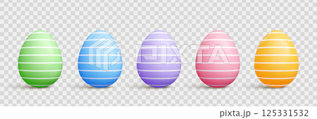 Easter egg 3d vector set - cartoon shapes with pastel solid color, polka dots, strips and diagonal lines patterns, shadow on transparent background for seasonal spring holidays design. 125331532
