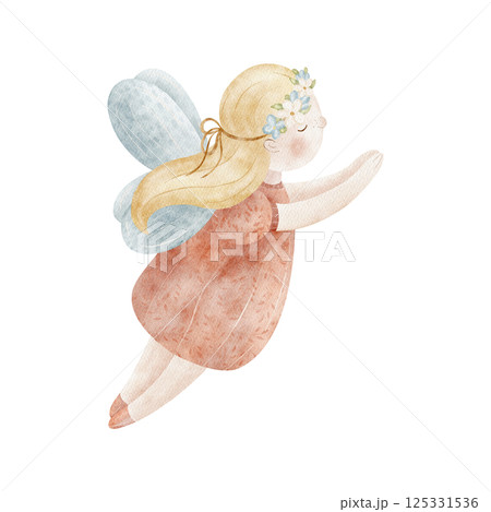 Watercolor illustrations fairy girl in wreath of flowers, flying in red dress. Hand-drawn picture on isolated background in a cartoon style for of cards, posters, invitations for a birthday, holiday Watercolor illustrations fairy girl in wreath of flowers, flying in red dress. Hand-drawn picture on isolated background in a cartoon style for of cards, posters, invitations for a birthday, holiday 125331536
