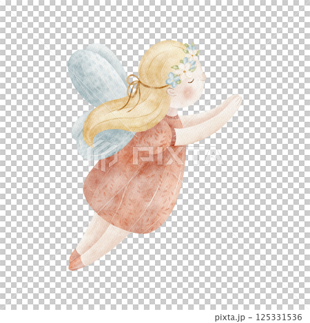 Watercolor illustrations fairy girl in wreath of flowers, flying in red dress. Hand-drawn picture on isolated background in a cartoon style for of cards, posters, invitations for a birthday, holiday 125331536